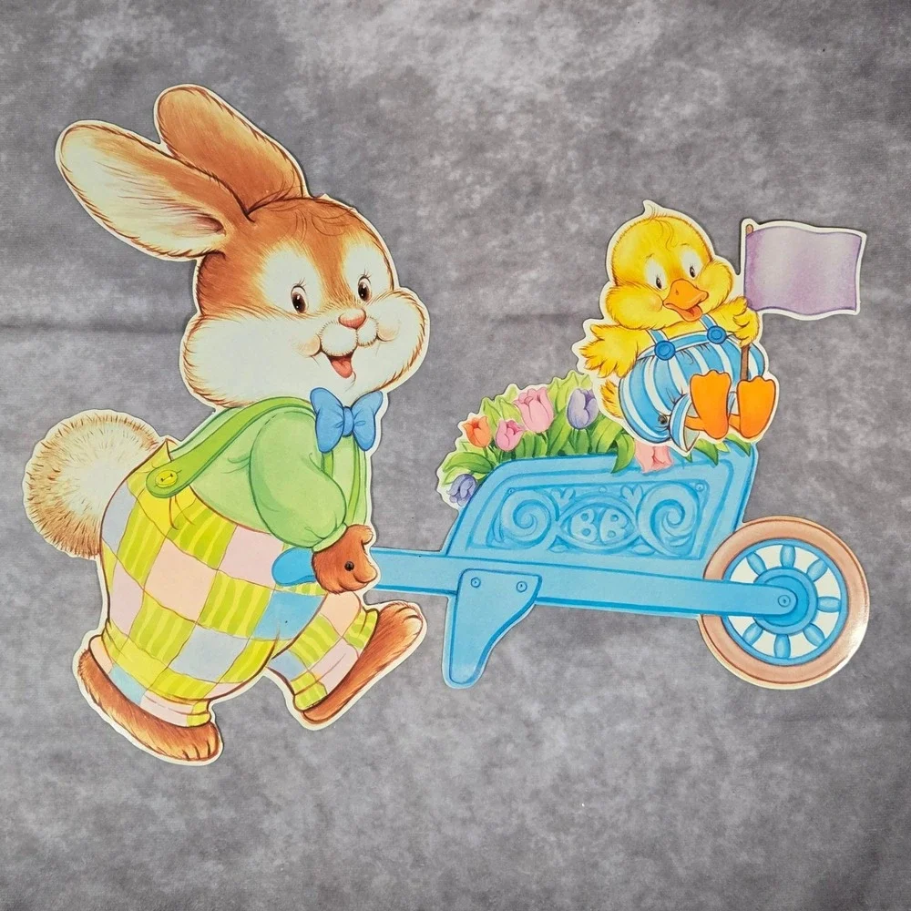 Vintage Bunny With Wheelbarrow Chick Die‎ Cut Easter Decor